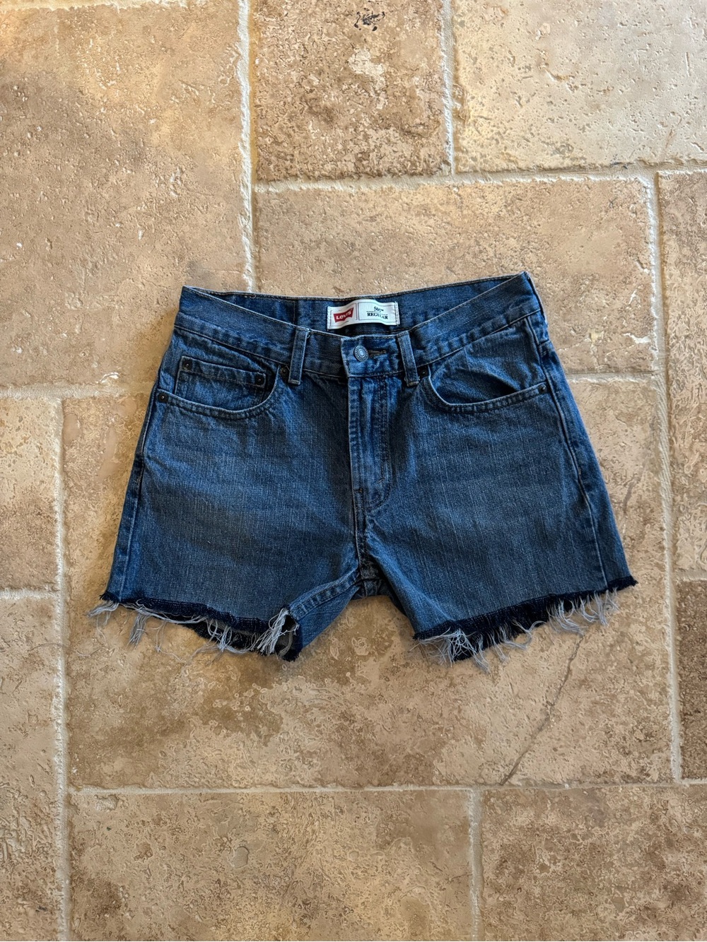 Levi's Dark Blue Frayed Hem Denim Shorts